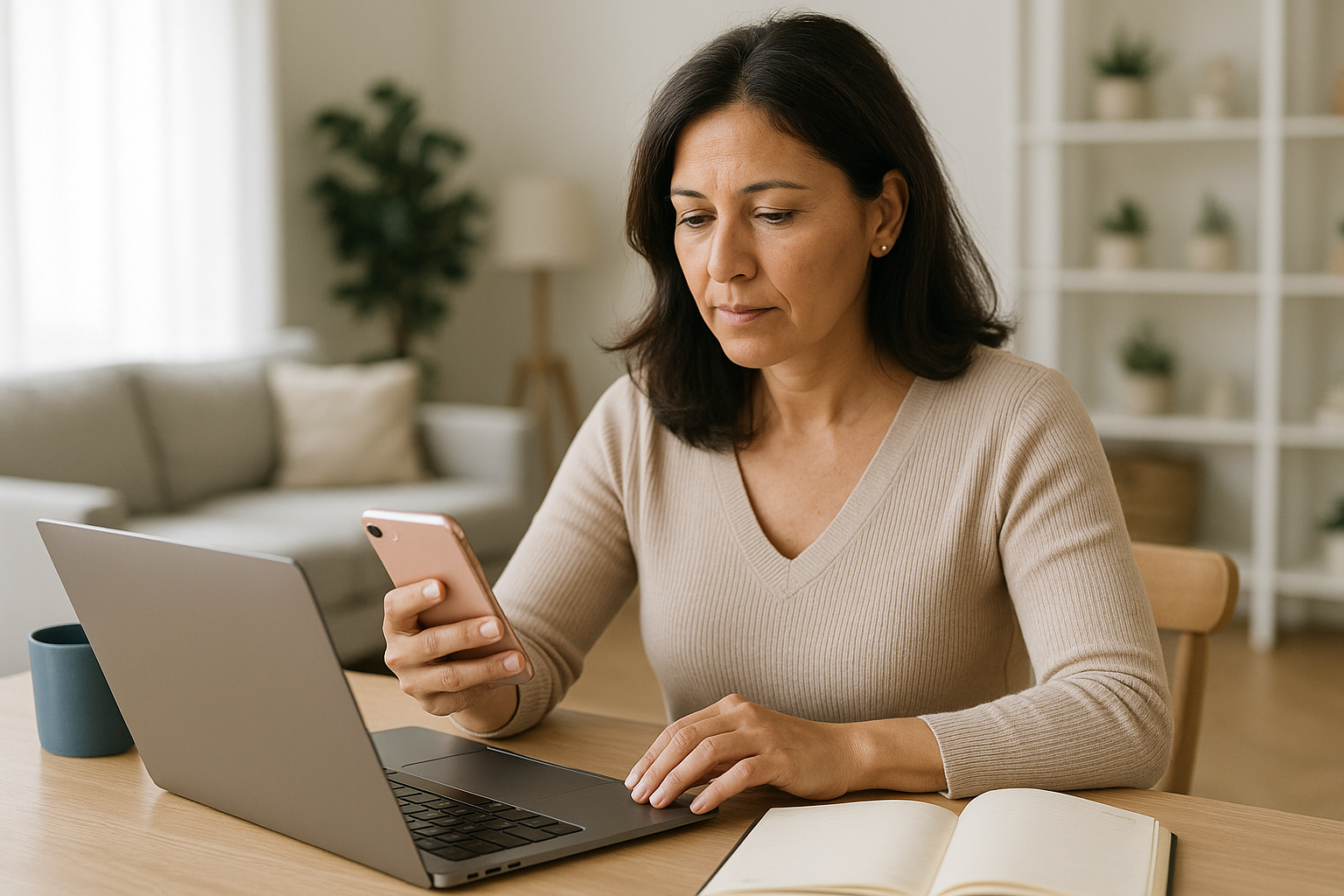 Donna che confronta prezzi e recensioni online da smartphone e computer per un acquisto consapevole