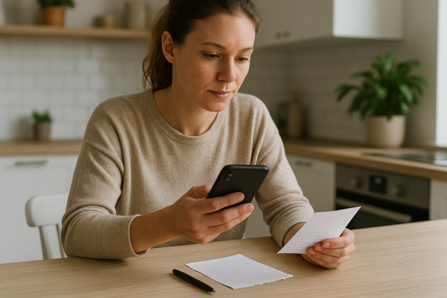 Donna che confronta prezzi e recensioni sullo smartphone mentre pianifica la spesa
