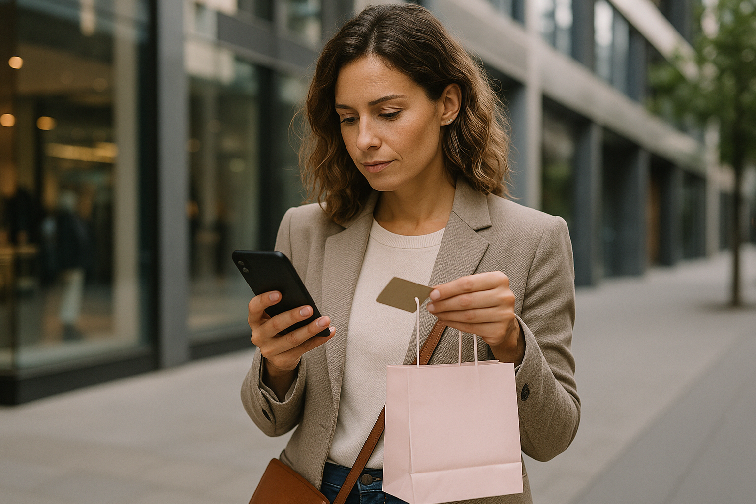 Donna che confronta informazioni di acquisto sullo smartphone per scegliere in modo consapevole