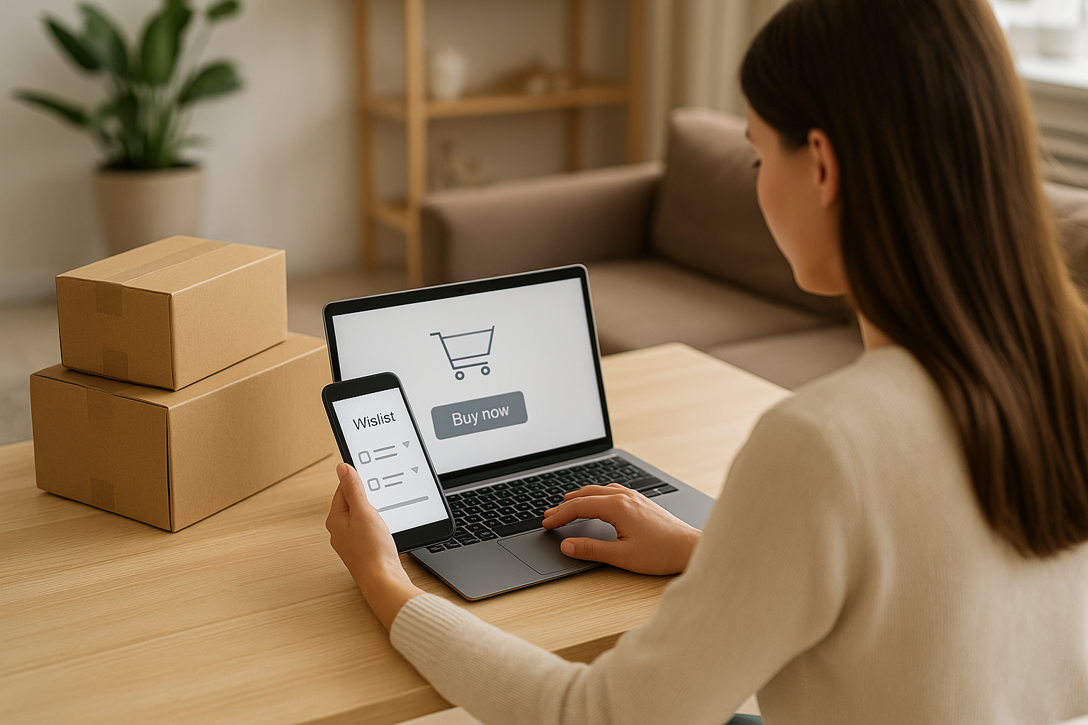 Donna che confronta prodotti e recensioni durante lo shopping online da casa