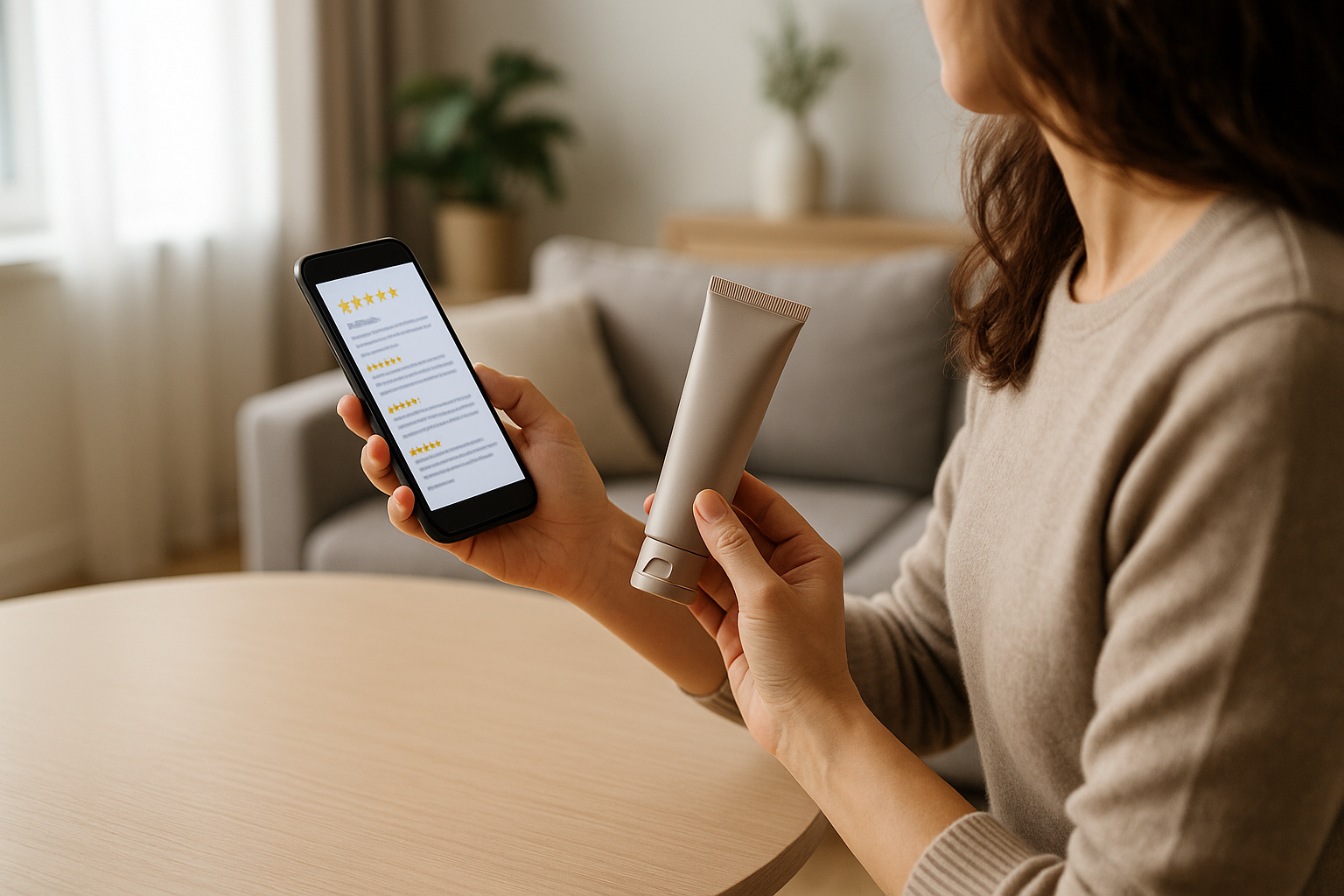 Donna che legge recensioni online sullo smartphone prima di acquistare