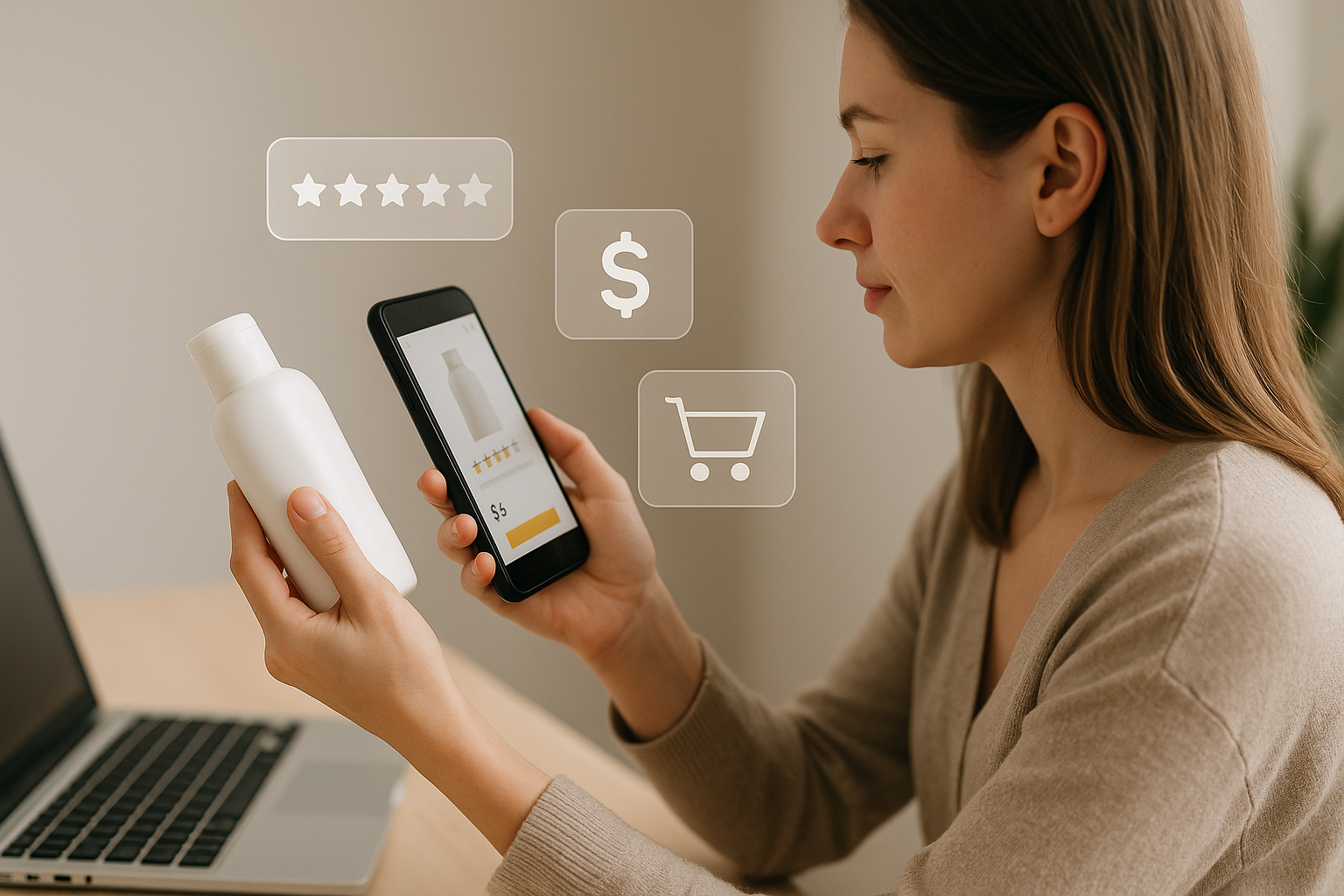 Consumatrice che confronta prodotti online su smartphone valutando recensioni e prezzo