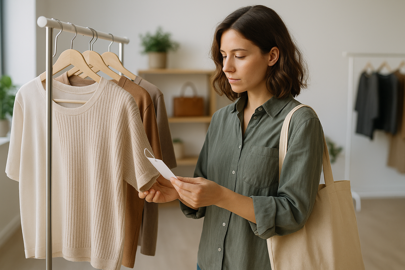 Donna che pratica shopping consapevole controllando l’etichetta di un capo e valutandone la qualità