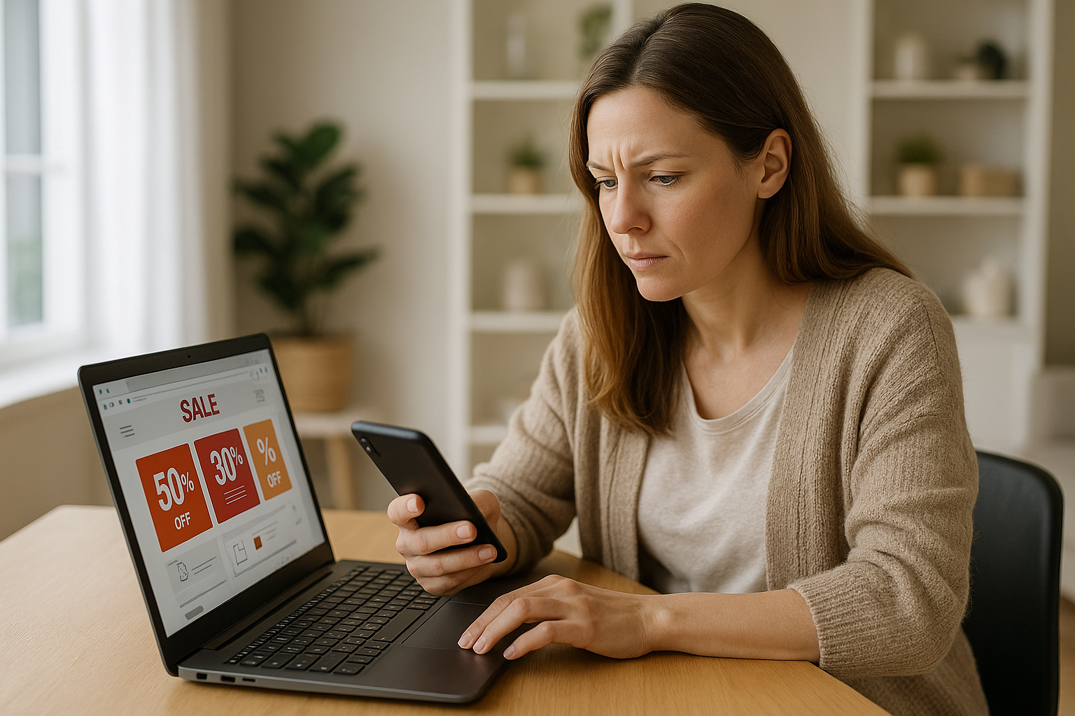 Donna che confronta offerte online su laptop e smartphone prima di acquistare