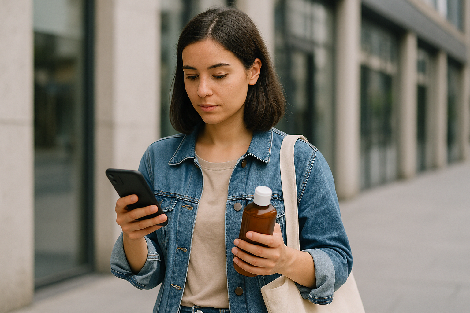 Giovane donna confronta prodotti e prezzi sullo smartphone durante lo shopping