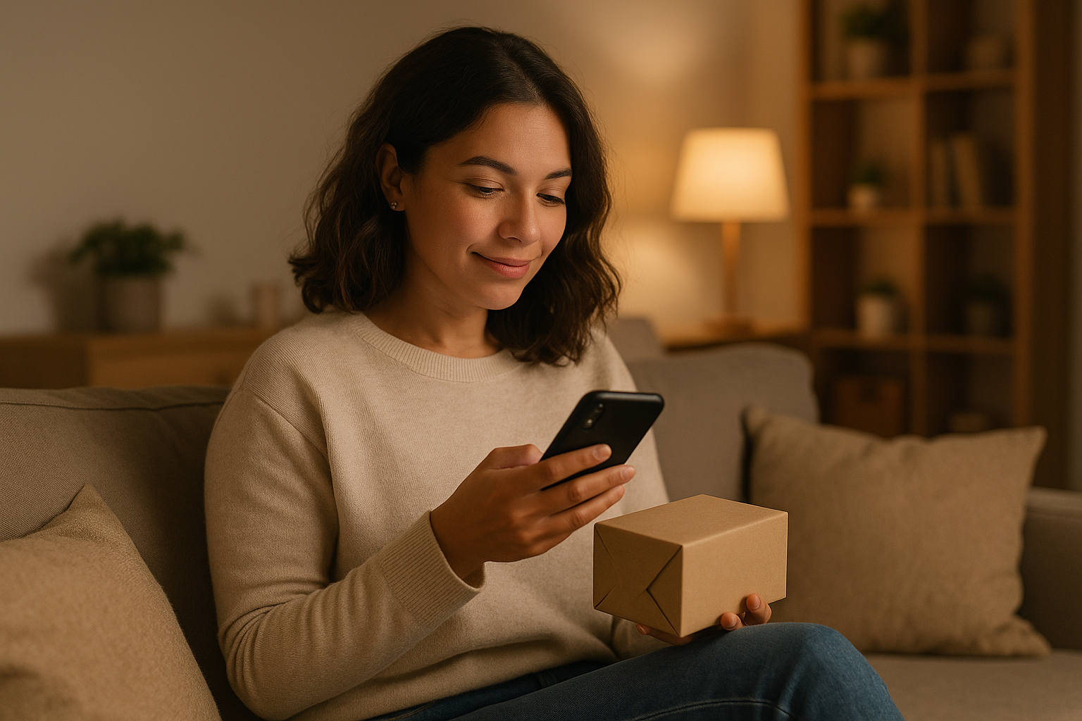 Donna che usa lo smartphone per fare acquisti online in un ambiente domestico serale