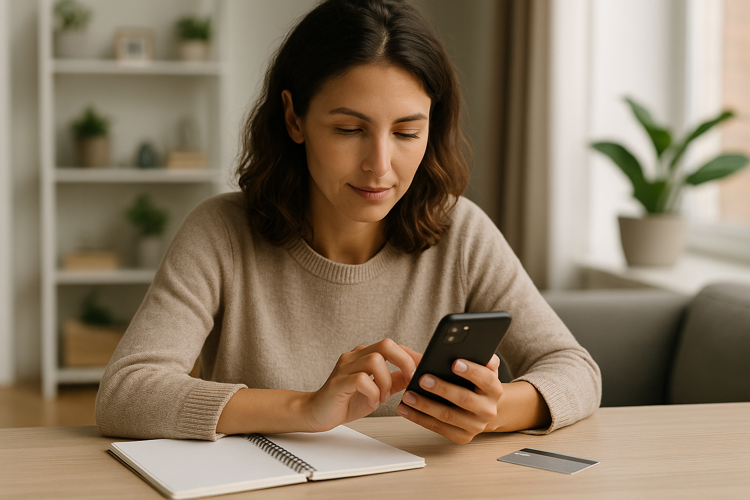 Donna che valuta un acquisto online dallo smartphone con appunti sul tavolo