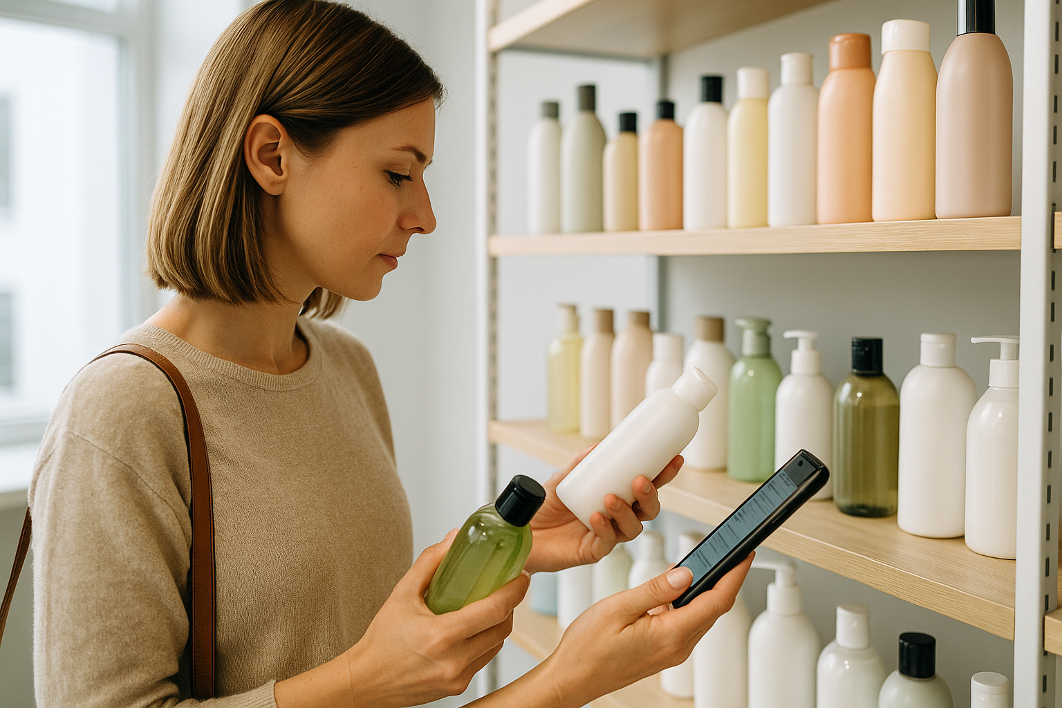 Consumatrice confronta due prodotti leggendo etichette e recensioni per valutarne la qualità