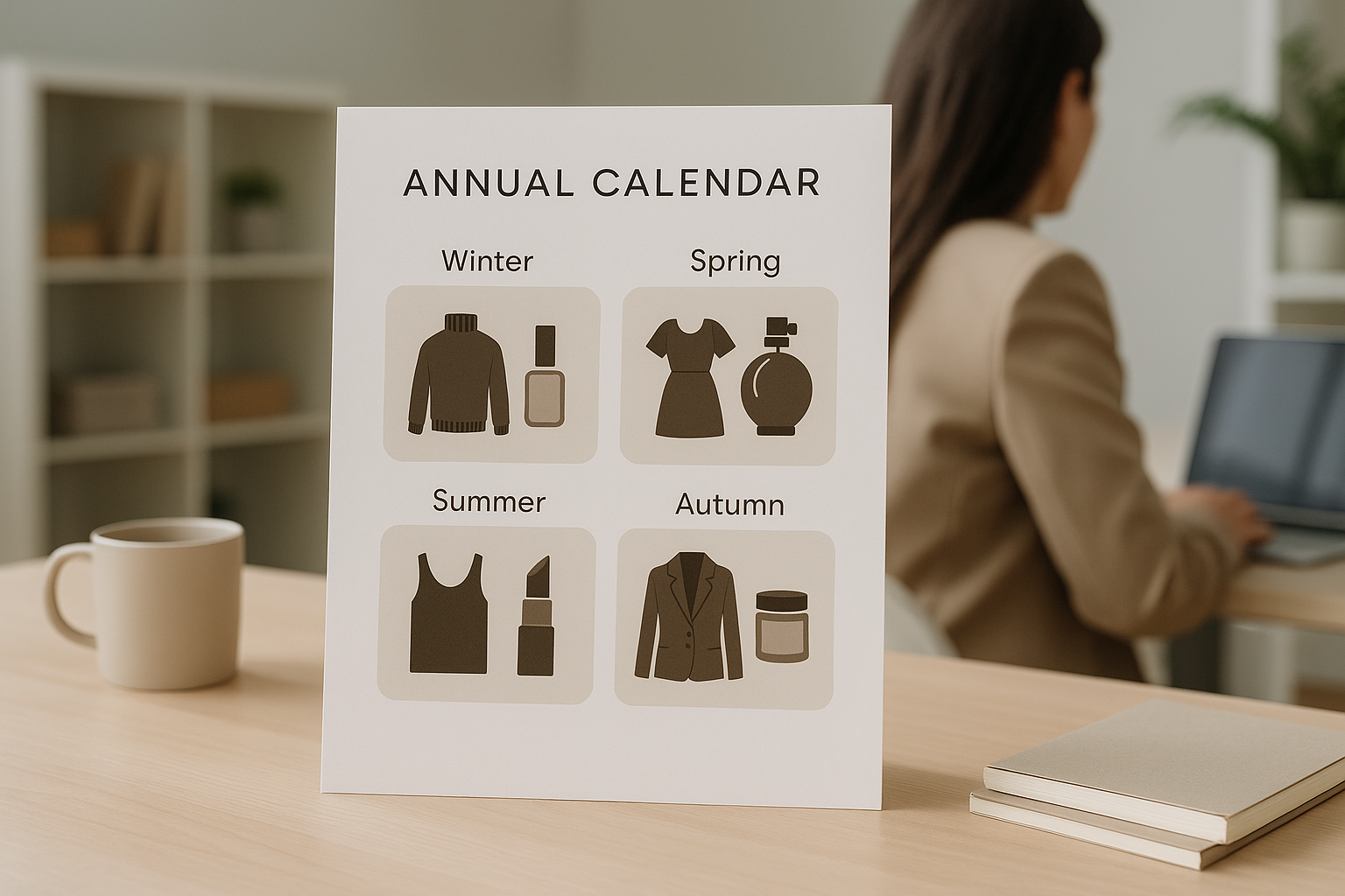 Calendario stilizzato che rappresenta la stagionalità degli acquisti tra moda e beauty durante l’anno