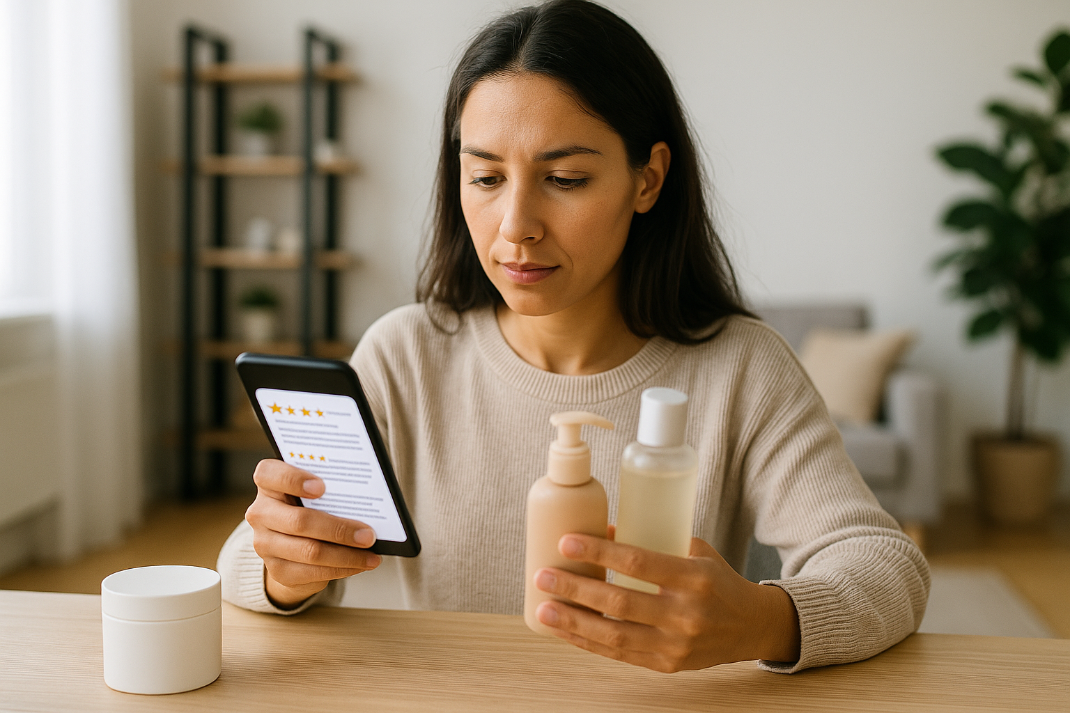 Donna che legge recensioni online sullo smartphone per confrontare prodotti prima dell’acquisto