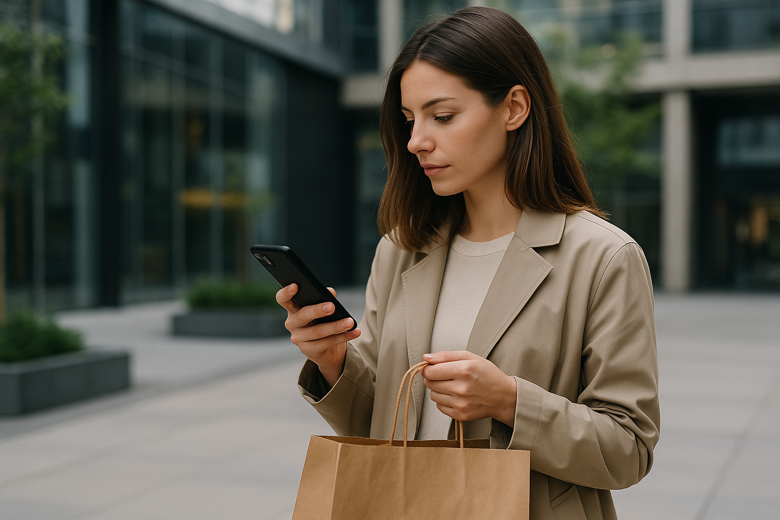 Donna che confronta prezzi e recensioni sullo smartphone prima di acquistare