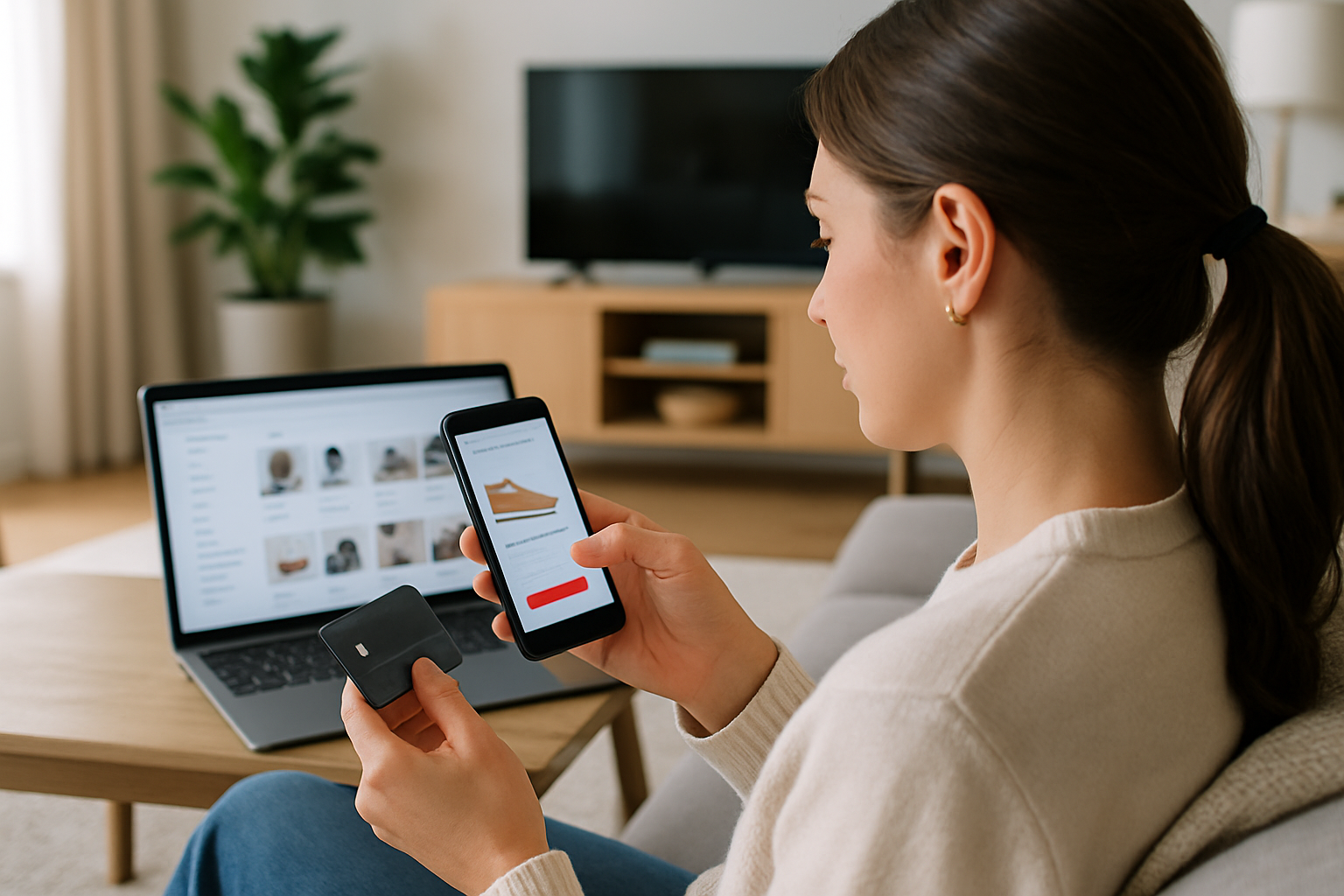 Donna che effettua acquisti online da smartphone in casa