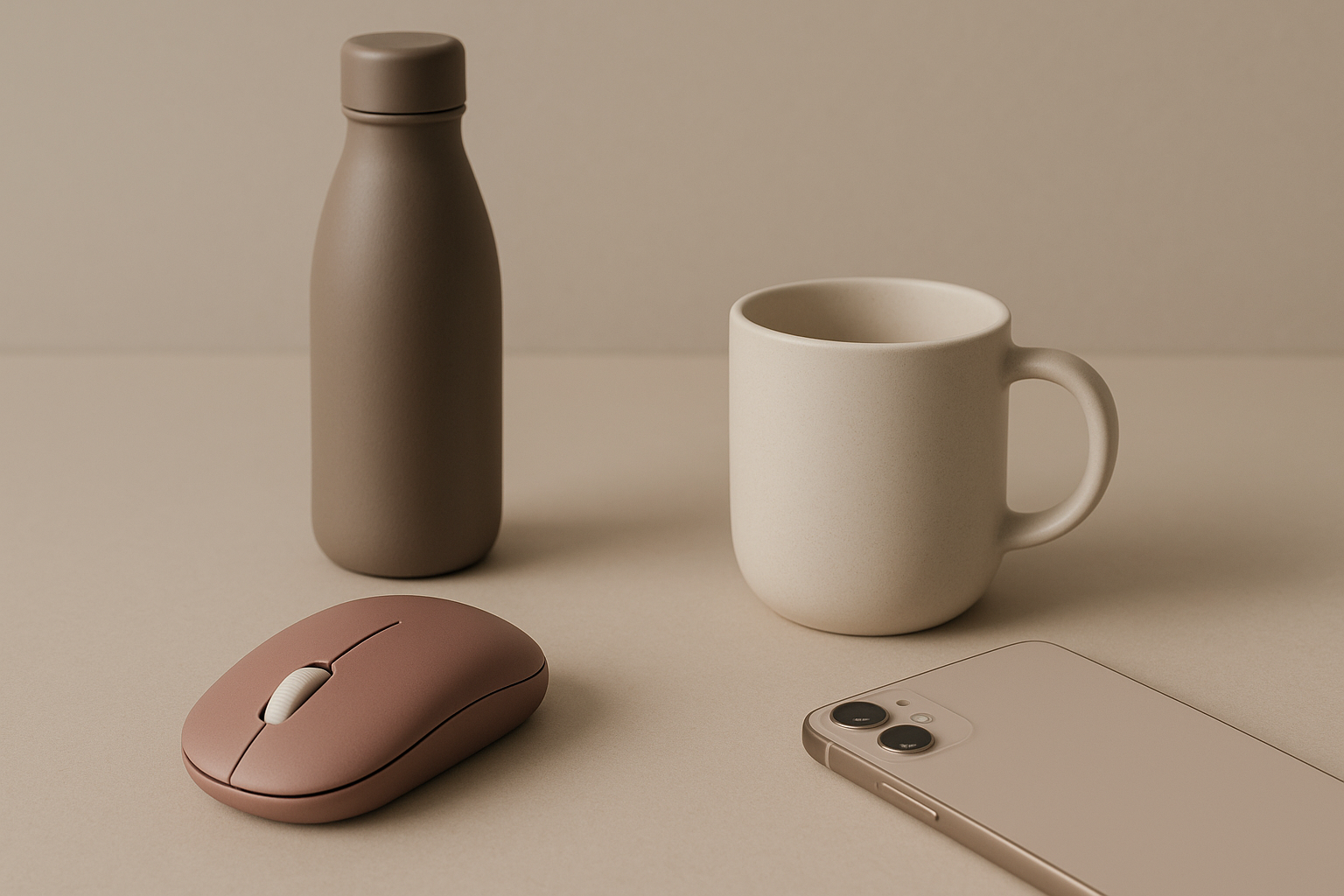 Oggetti di uso quotidiano con design ergonomico e finiture curate su sfondo neutro