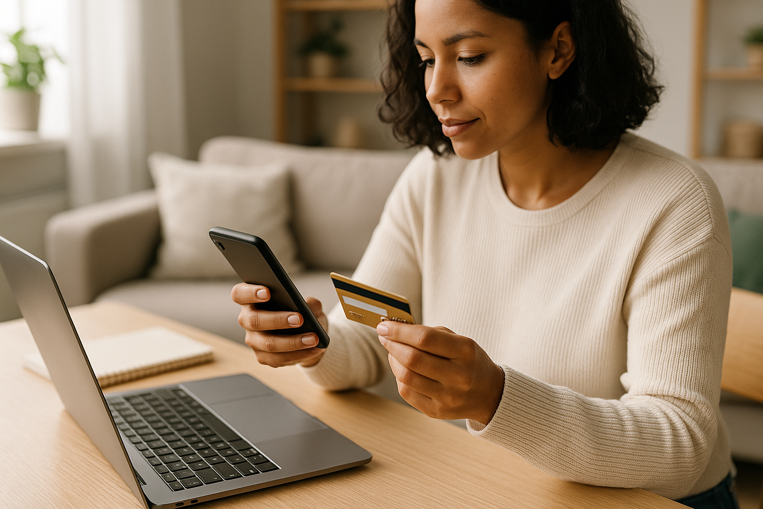 Donna che controlla un acquisto online dallo smartphone in un ambiente domestico luminoso