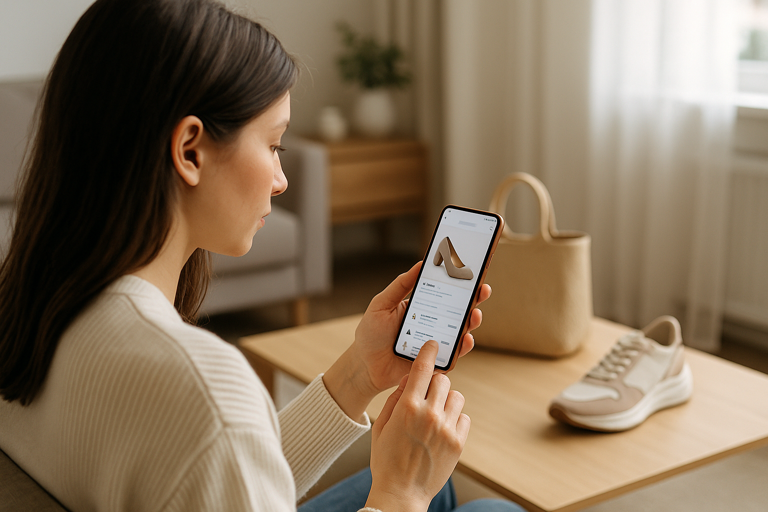 Donna che confronta prodotti e recensioni su una piattaforma di shopping digitale dallo smartphone