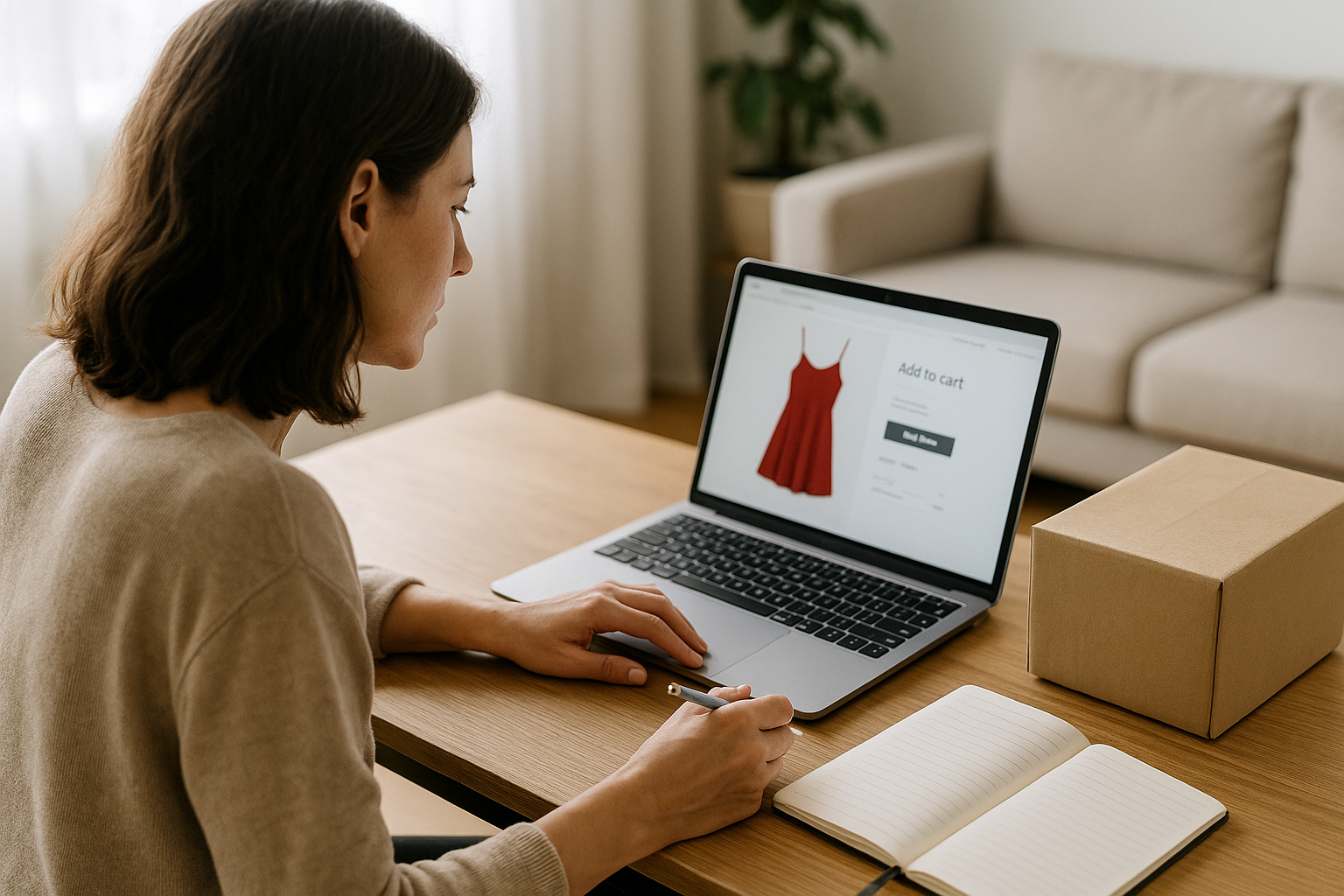 Donna che acquista online da un laptop e controlla il budget, con un pacco neutro sul tavolo