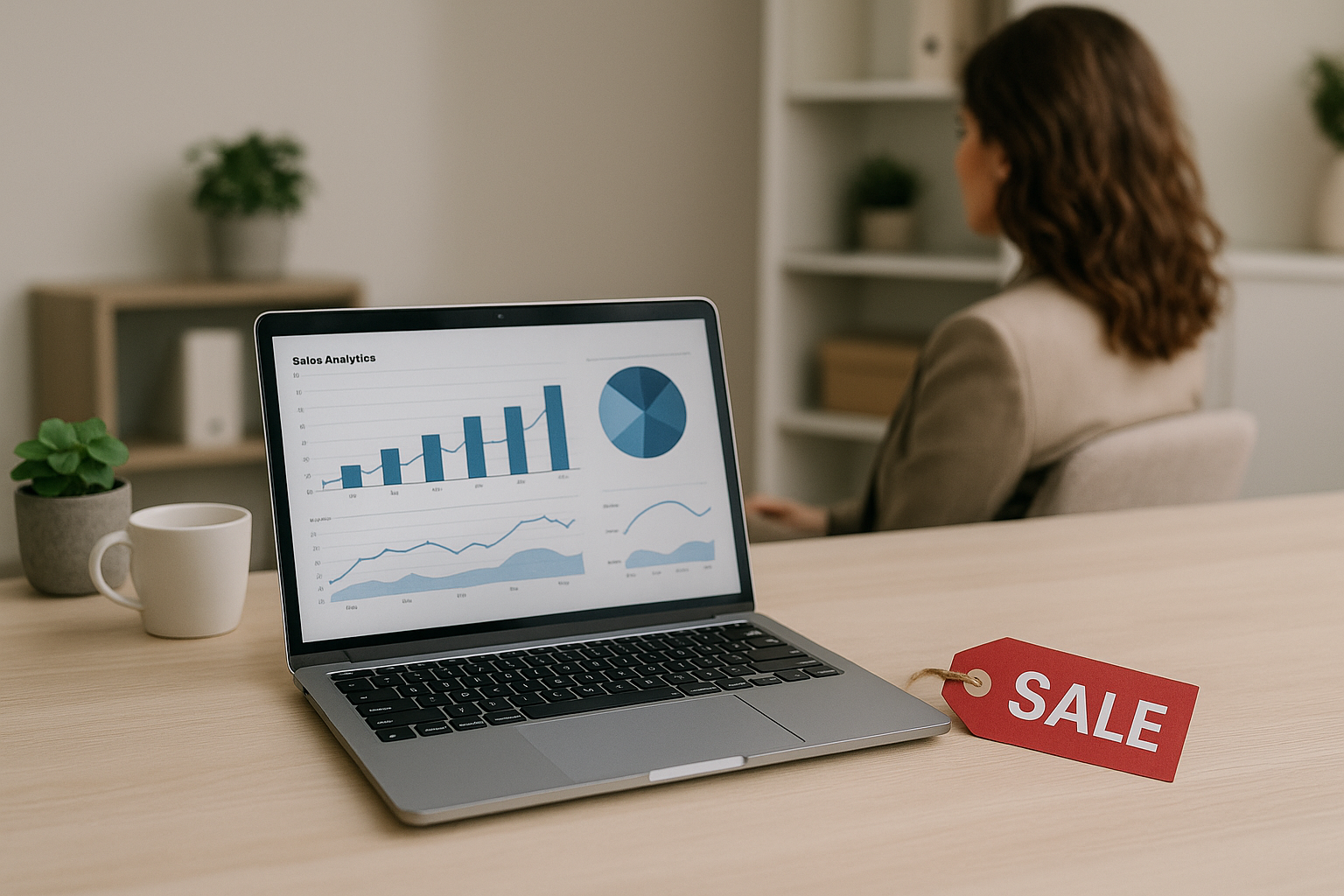 Laptop con grafici di vendite online e simboli di promozione su una scrivania minimal