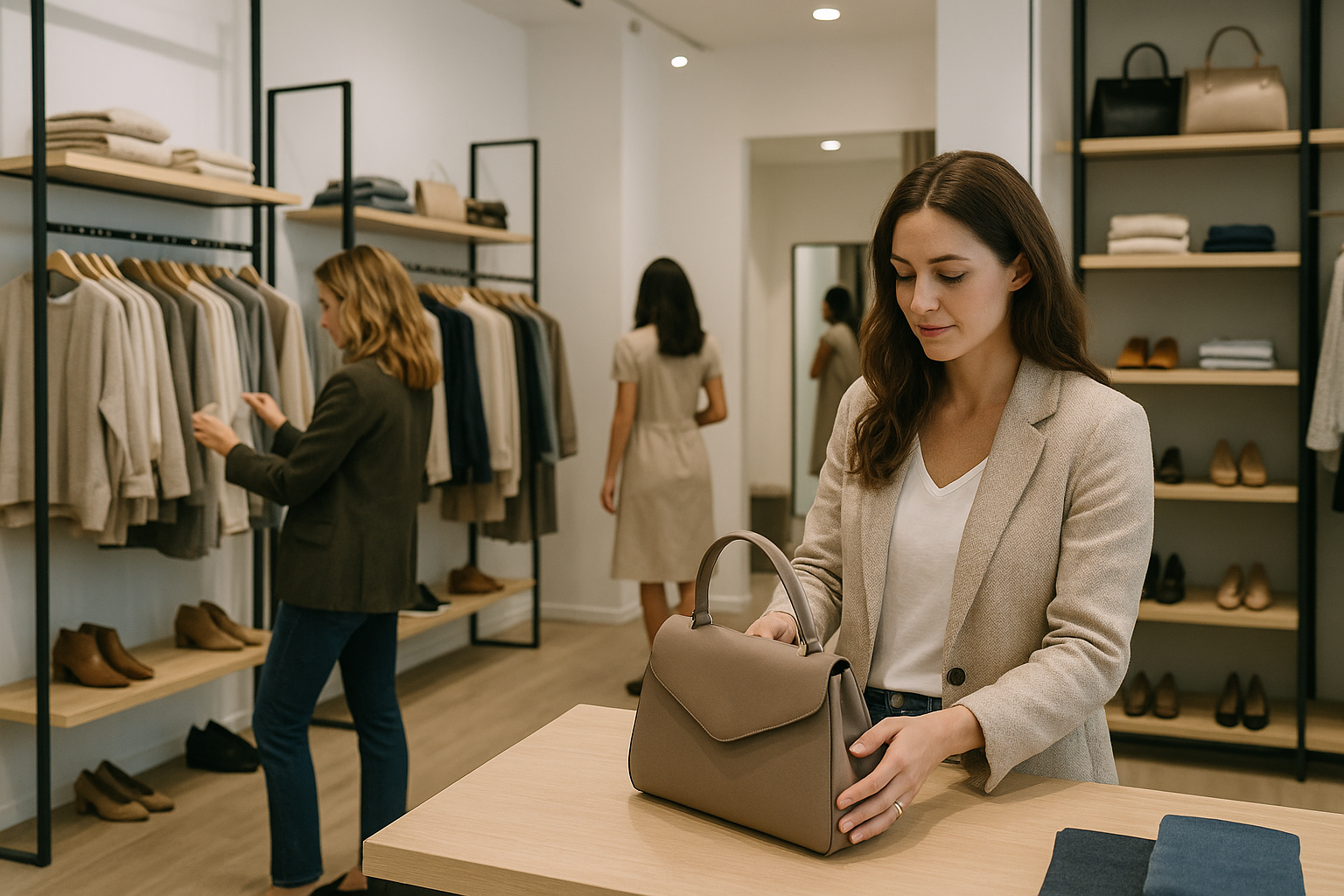 Negozio retail moderno con esposizione curata e clienti che fanno shopping