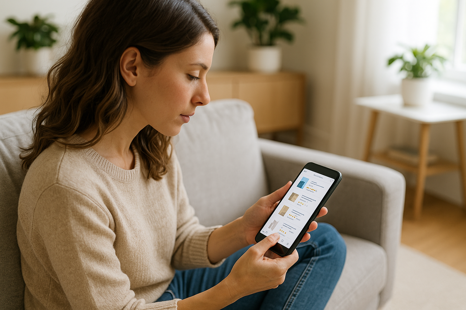 Donna che confronta prodotti online e legge recensioni dallo smartphone