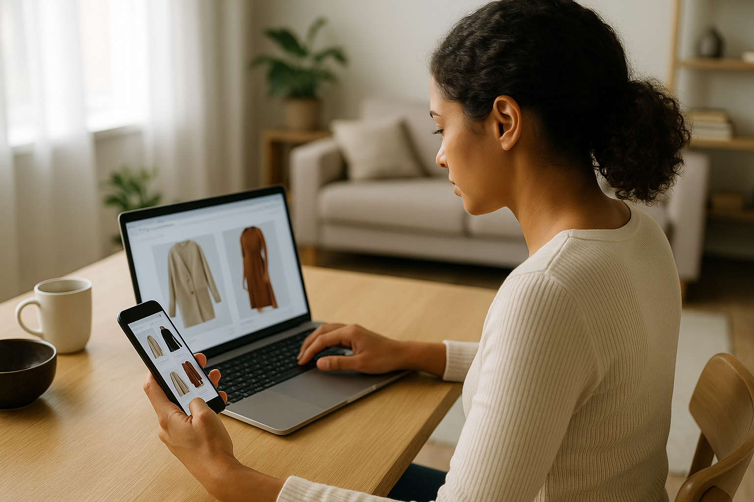 Donna che fa shopping online confrontando prodotti su smartphone e laptop