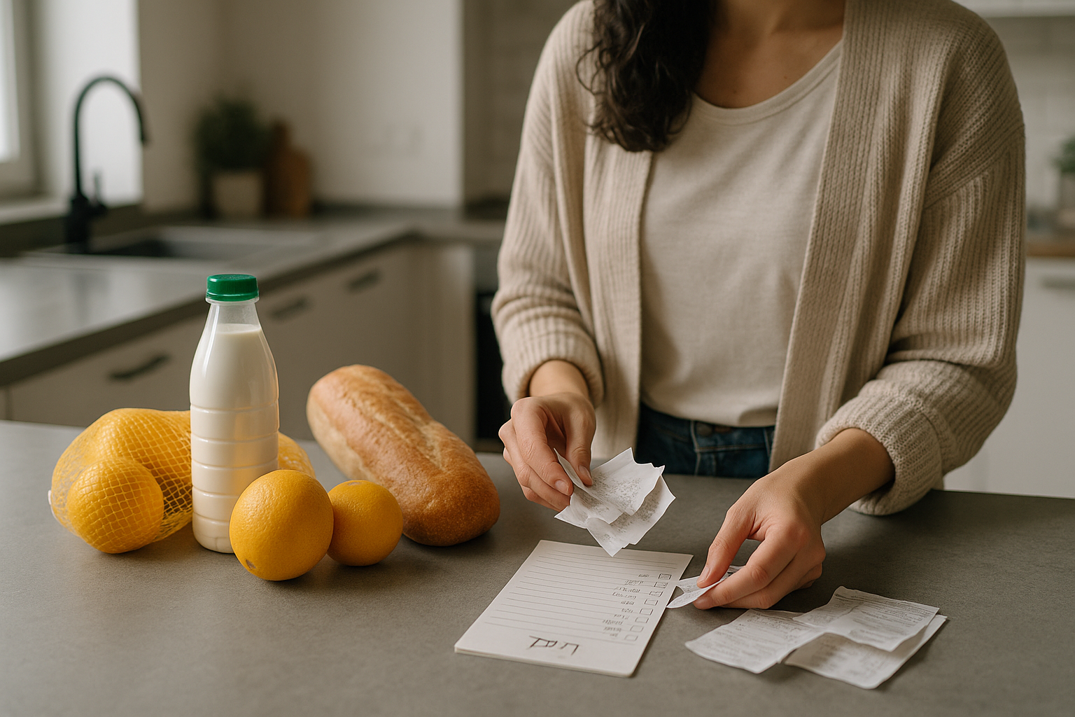 Famiglia che organizza la spesa domestica con lista e scontrini sul tavolo