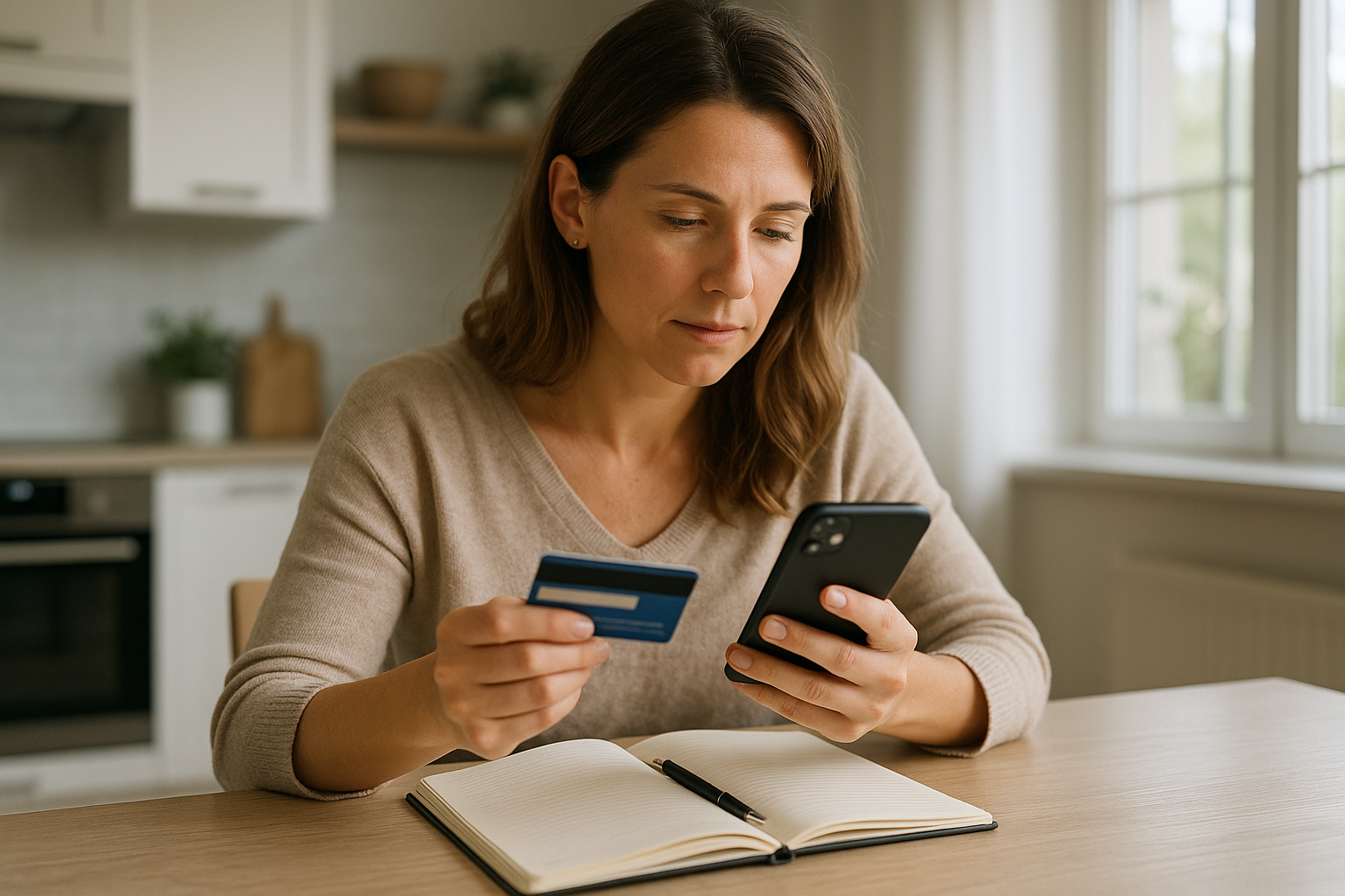 Donna che confronta opzioni di acquisto sullo smartphone prendendo appunti