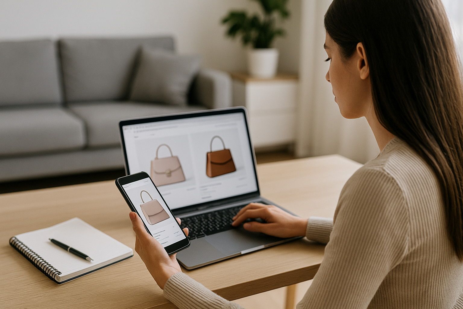 Donna che confronta acquisti online su smartphone e laptop, simbolo dell’evoluzione dei mercati digitali