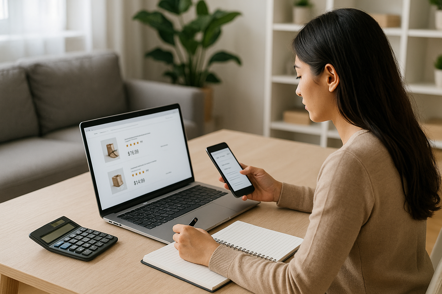 Donna che confronta offerte online e recensioni per valutare la convenienza di un acquisto