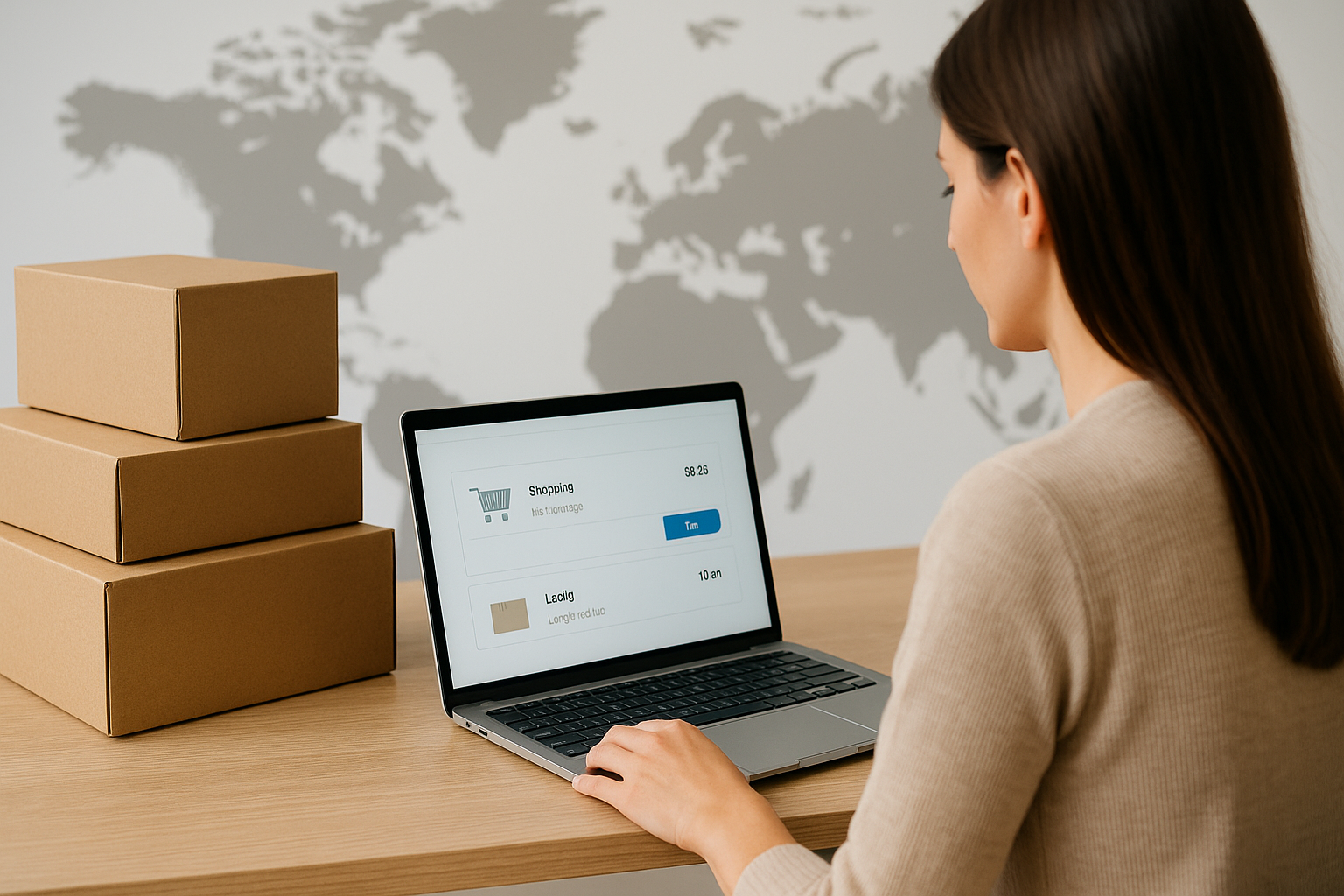 Donna che fa shopping online confrontando prezzi e spedizioni internazionali