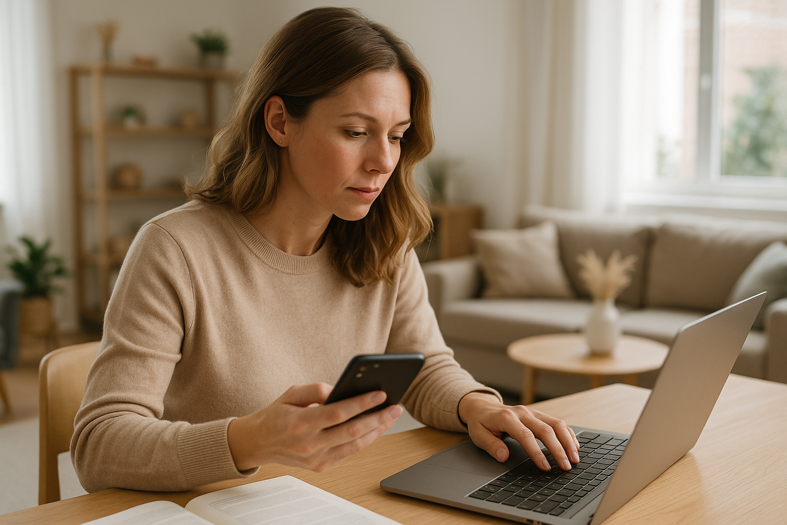 Donna che confronta offerte e recensioni online valutando un acquisto