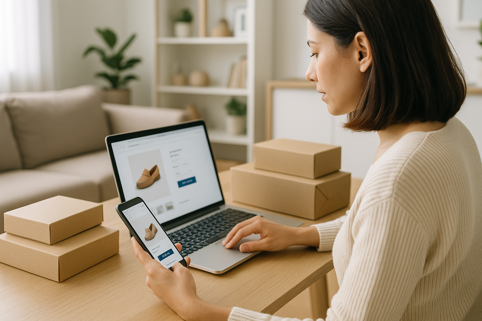 Donna che confronta prodotti e prezzi su smartphone e laptop durante uno shopping online