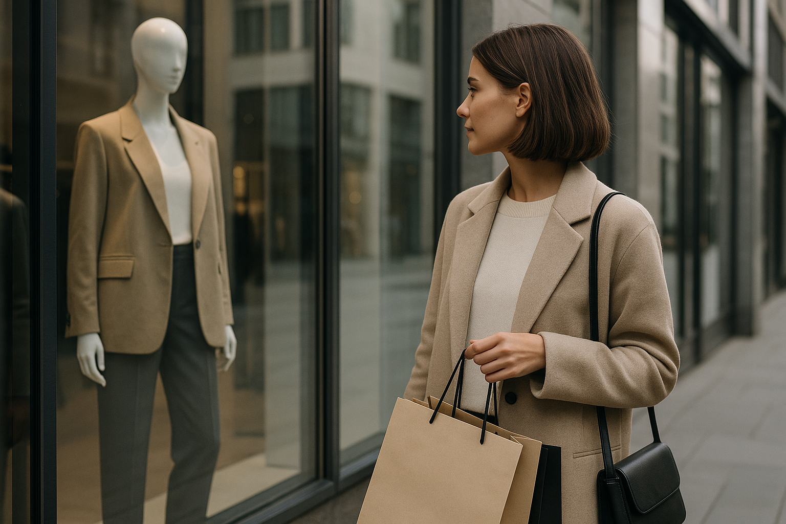 Donna in ambiente urbano mentre osserva vetrine con abbigliamento contemporaneo