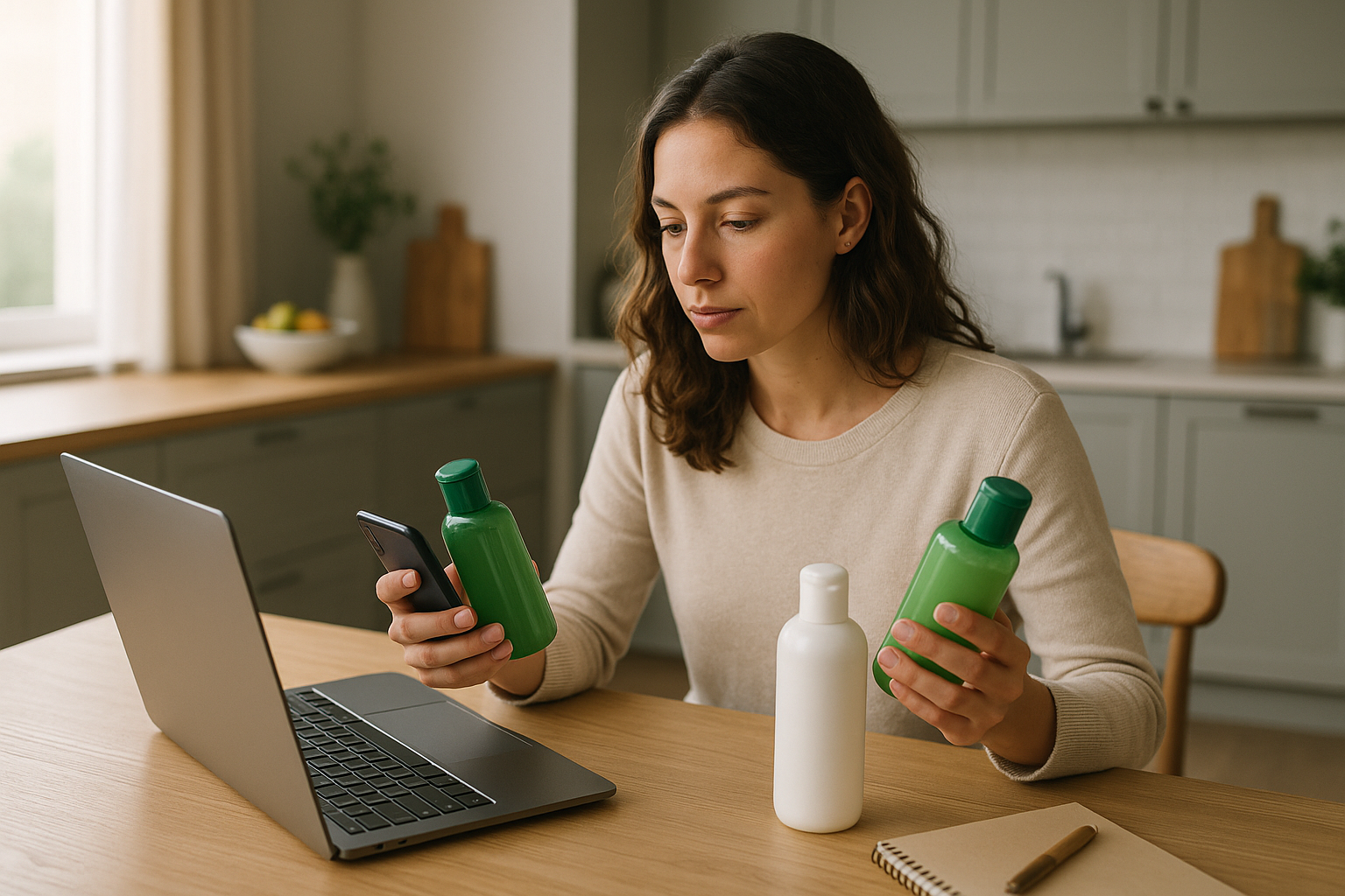 Donna che confronta offerte su un marketplace online da laptop e smartphone