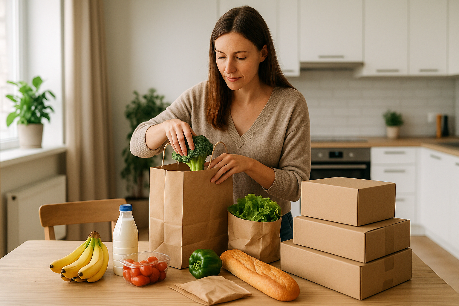 Donna che organizza acquisti e consegne a domicilio in un ambiente domestico
