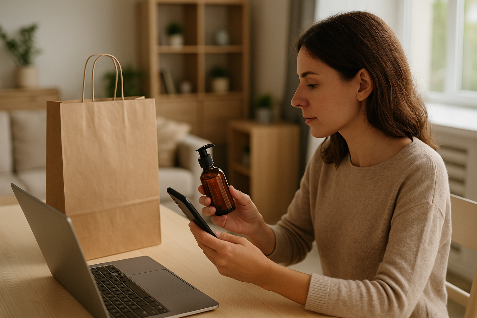 Cliente che confronta un acquisto online con un prodotto appena comprato, in un ambiente domestico luminoso