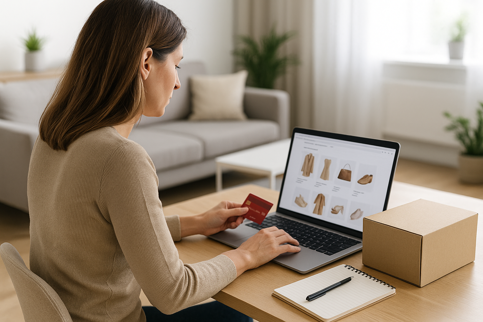 Donna che fa shopping online da casa con laptop e appunti