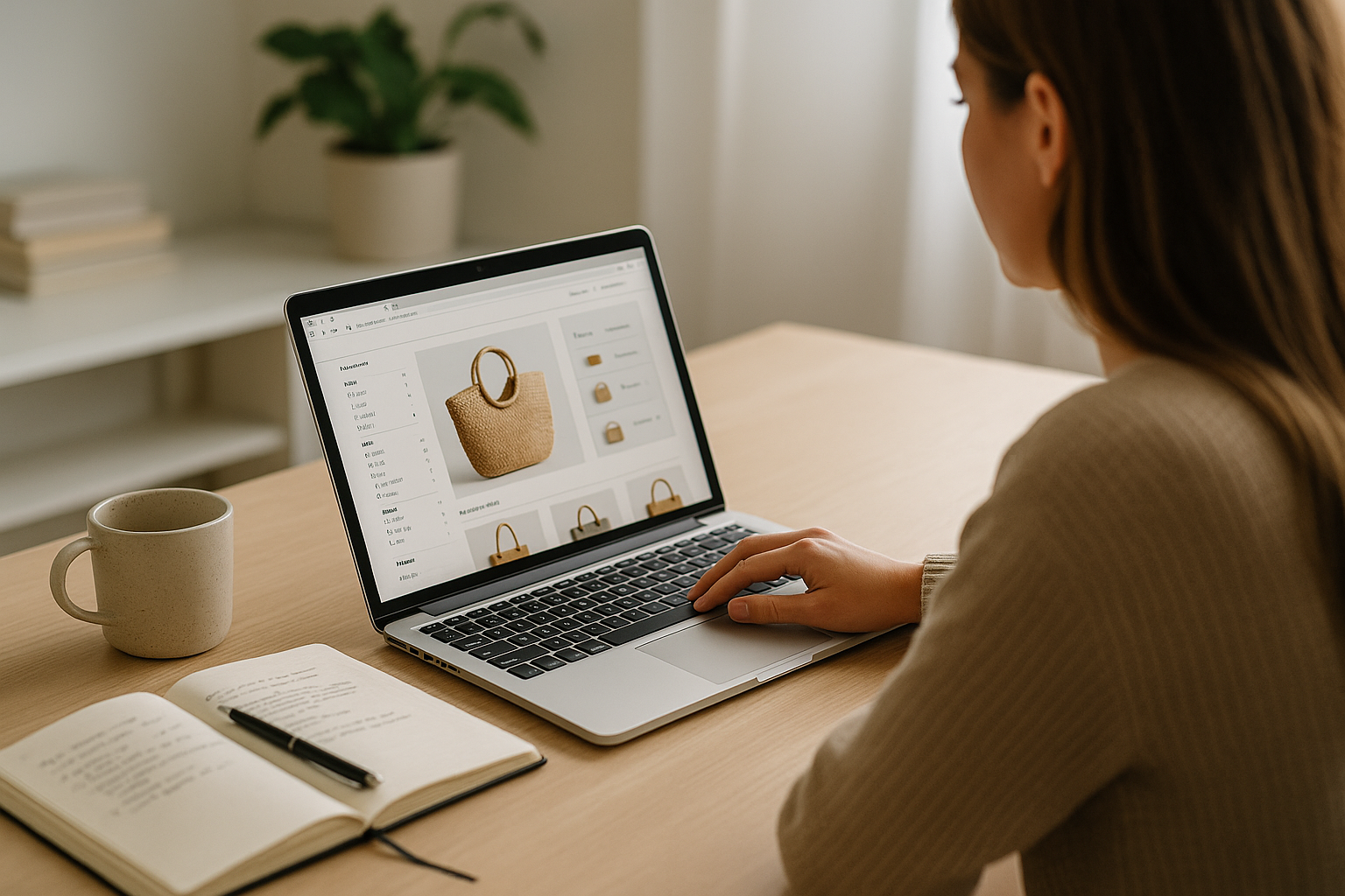 Persona che effettua una ricerca di prodotti online con filtri e confronto risultati su laptop