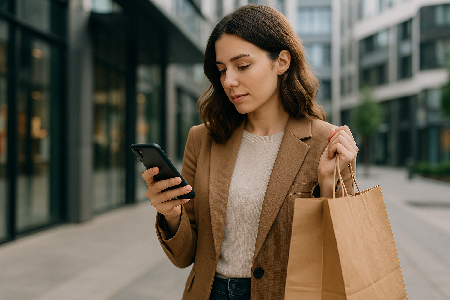 Donna che confronta prezzi e recensioni sullo smartphone durante lo shopping