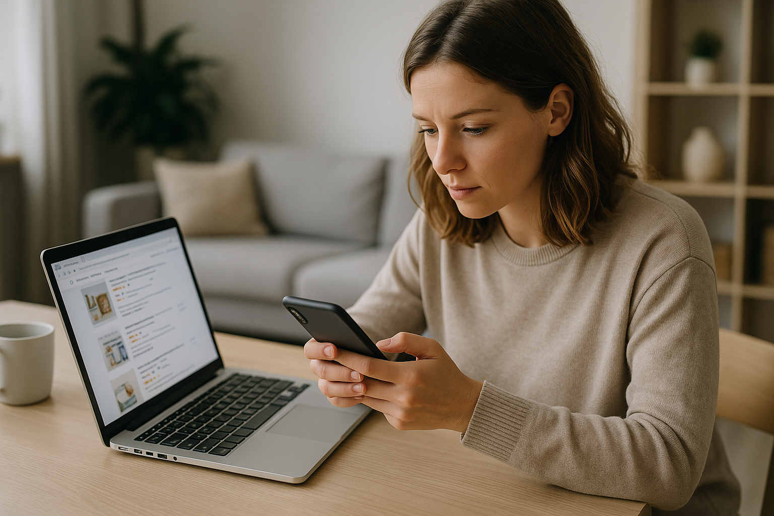 Donna che confronta prezzi e recensioni per acquisti digitali su smartphone e computer