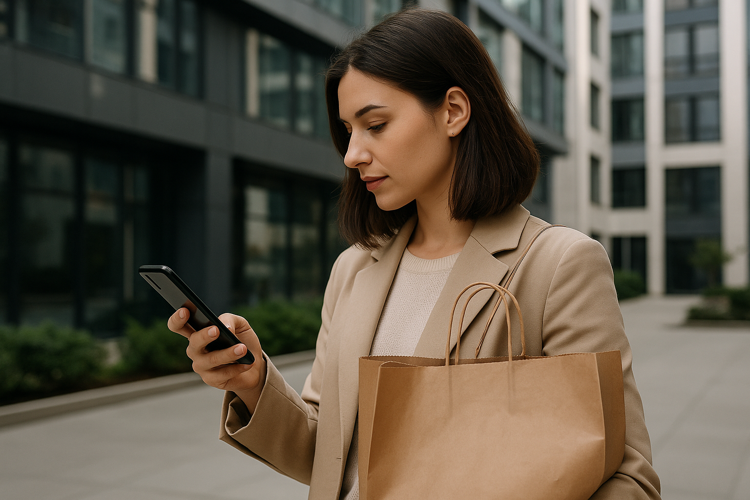 Donna che confronta prezzi e recensioni online durante lo shopping in città