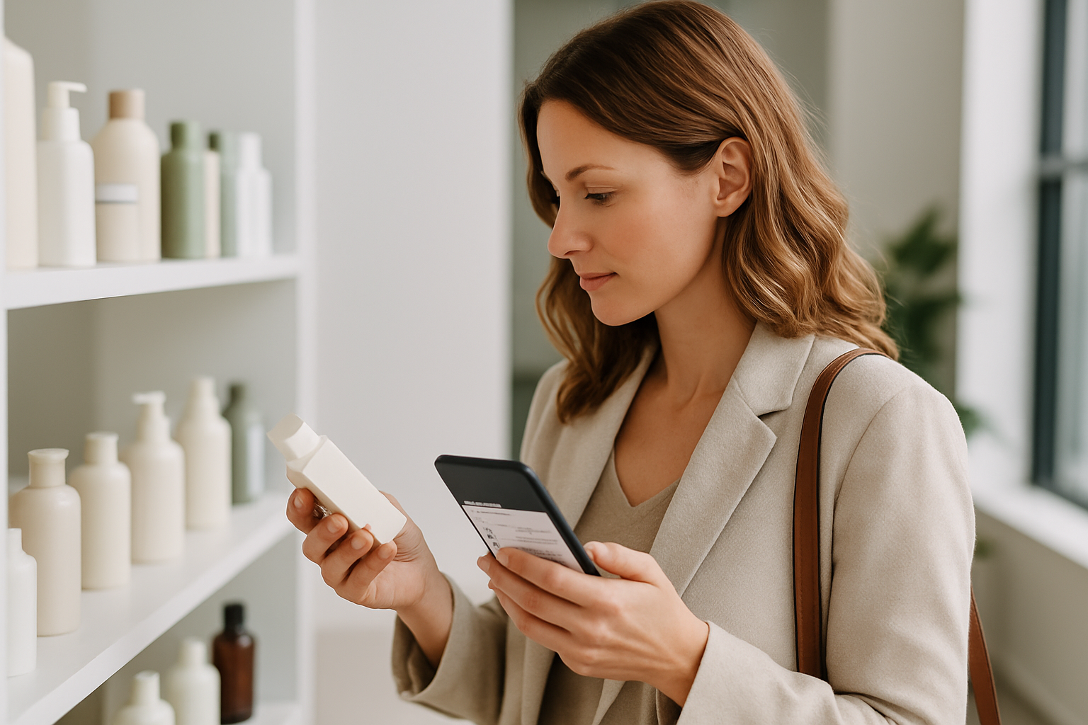 Consumatrice che valuta un acquisto leggendo etichetta e recensioni per decidere in modo consapevole