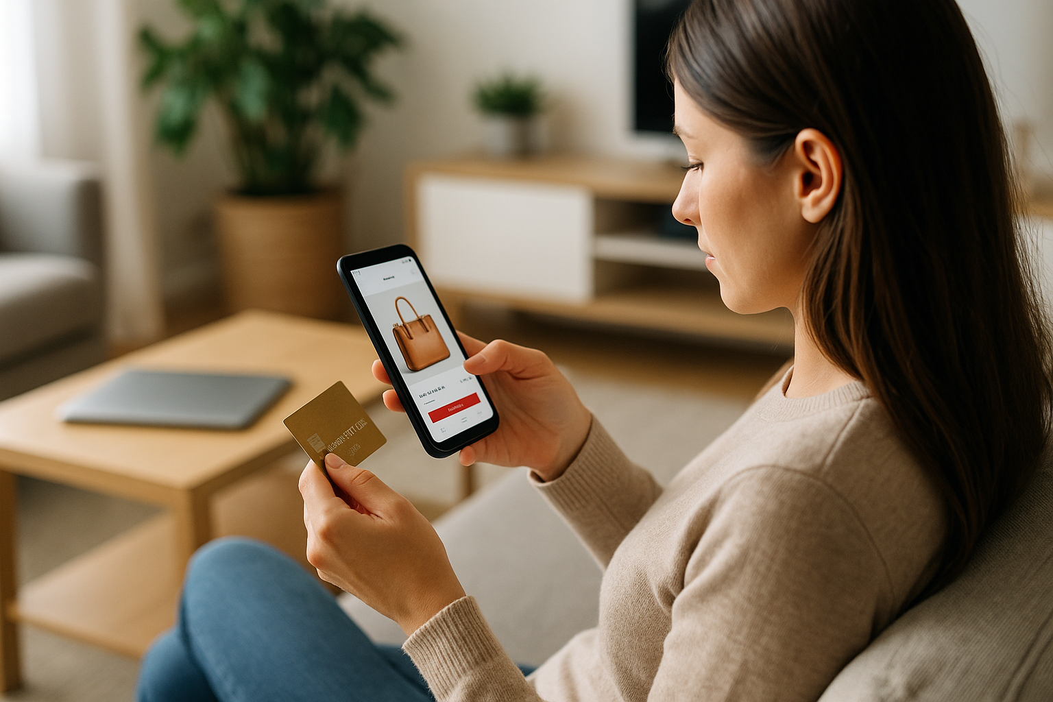 Donna che fa shopping online da smartphone in casa