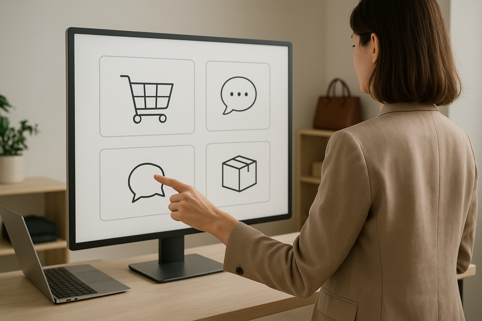Interfacce minimal che rappresentano personalizzazione, assistenza e logistica nello shopping online