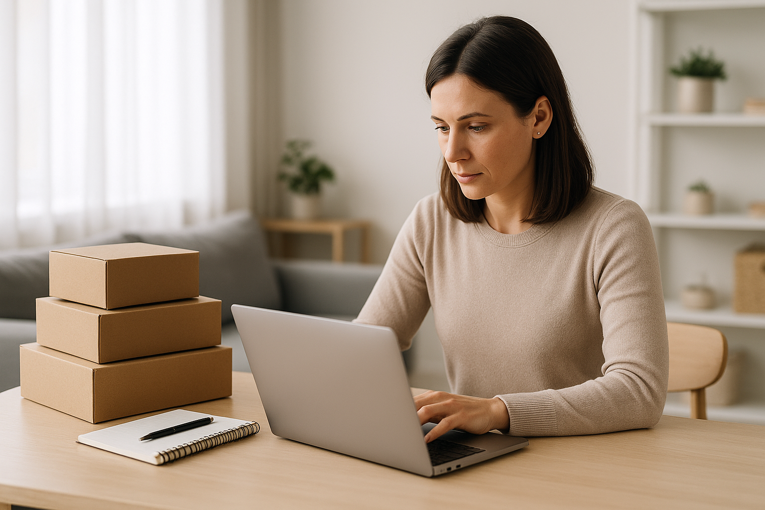 Donna che gestisce un piccolo e-commerce da casa con laptop e pacchi pronti per la spedizione