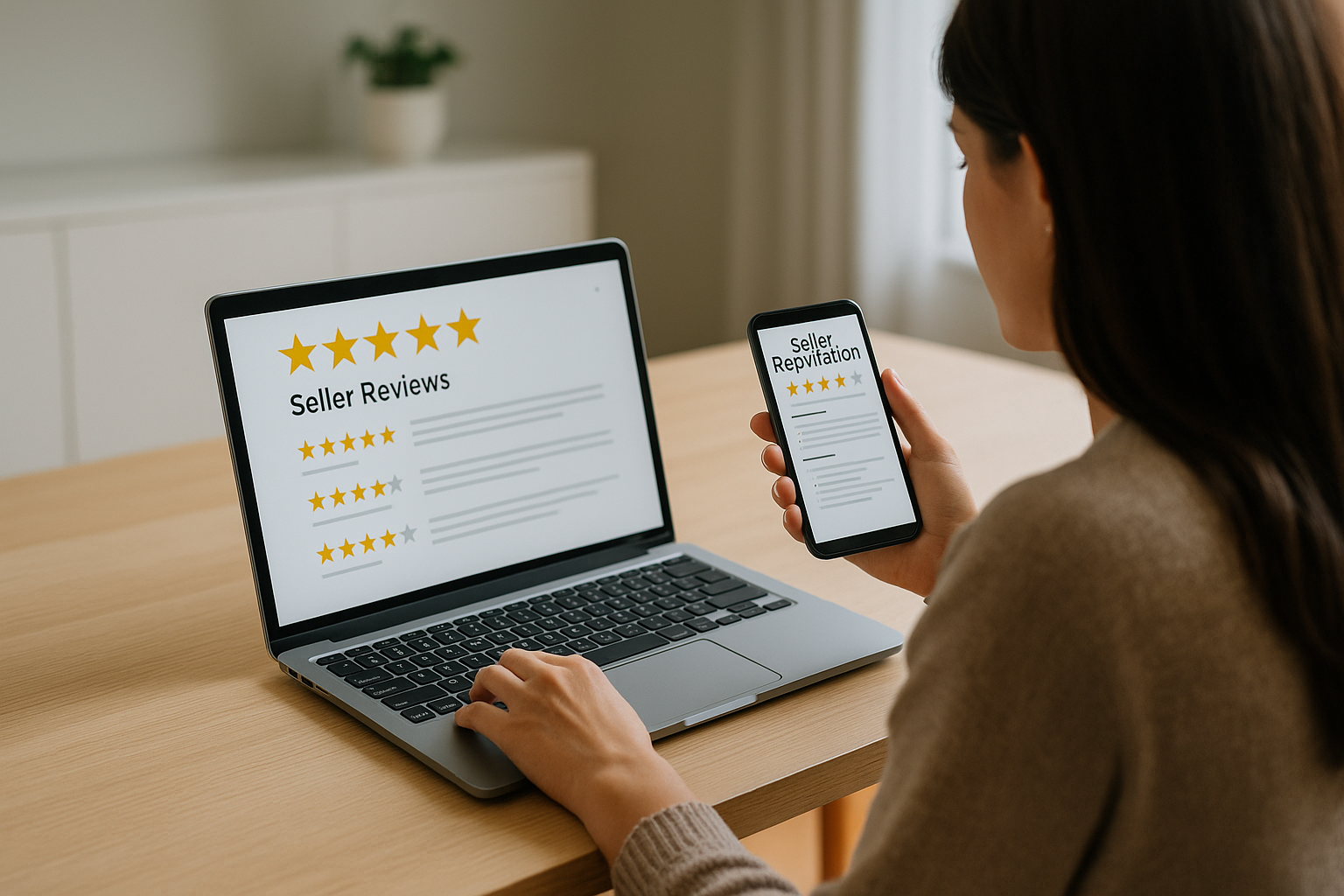 Consumatrice che valuta recensioni e affidabilità di un venditore online da laptop e smartphone
