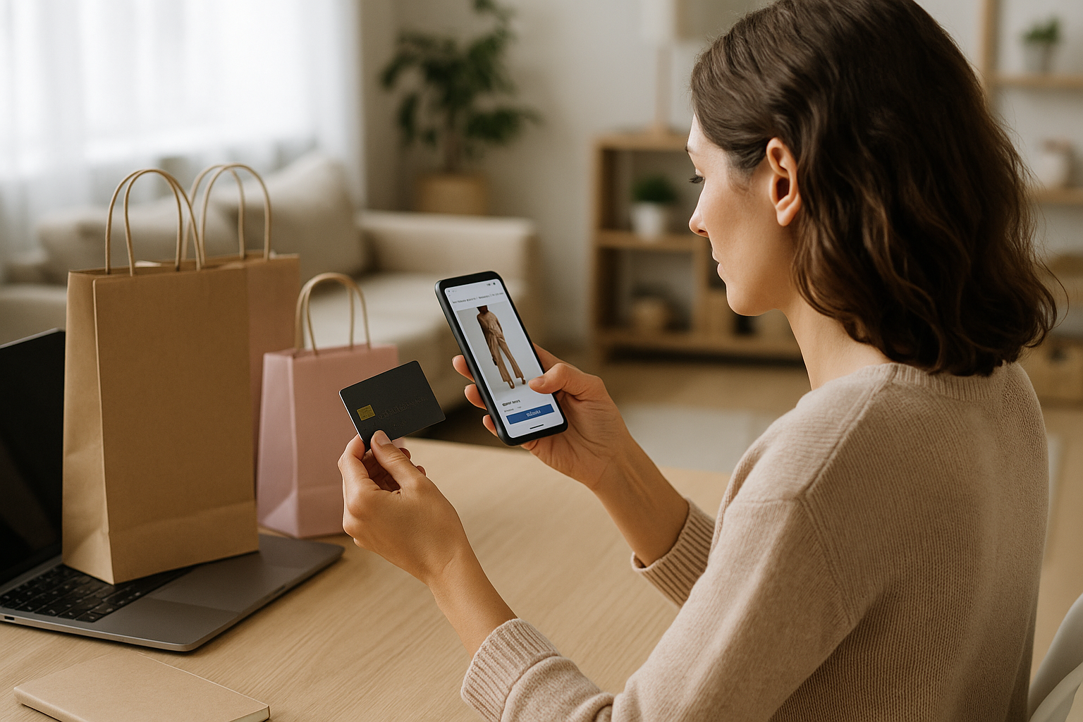 Donna che fa shopping online dallo smartphone in un ambiente domestico luminoso