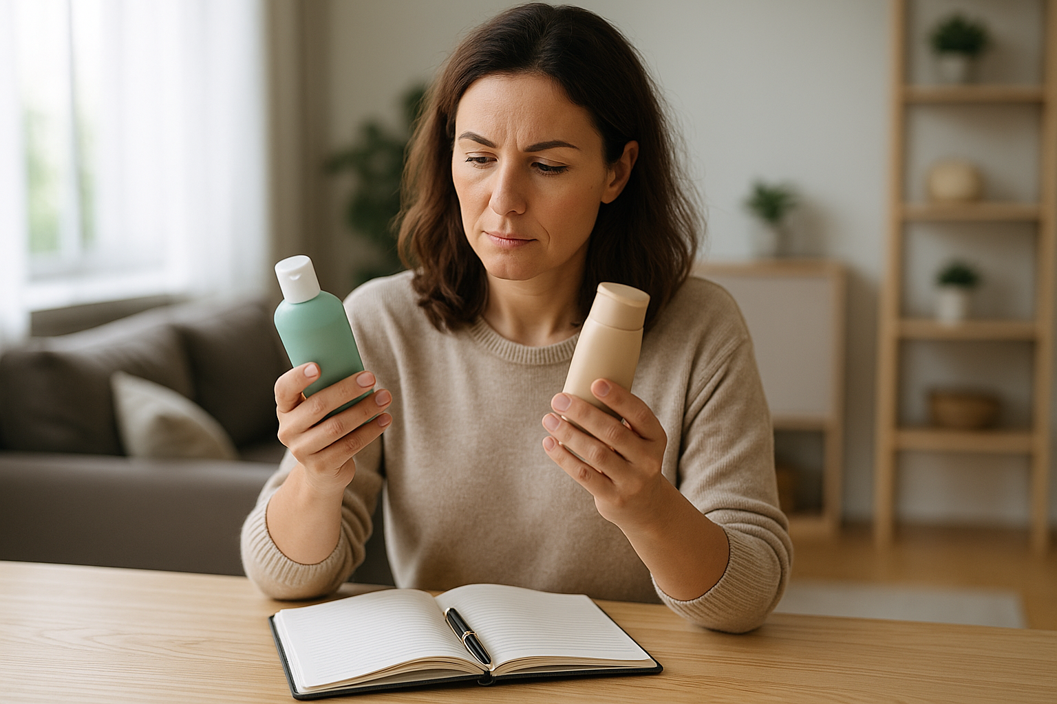 Donna che confronta due prodotti e prende appunti per valutare il valore percepito