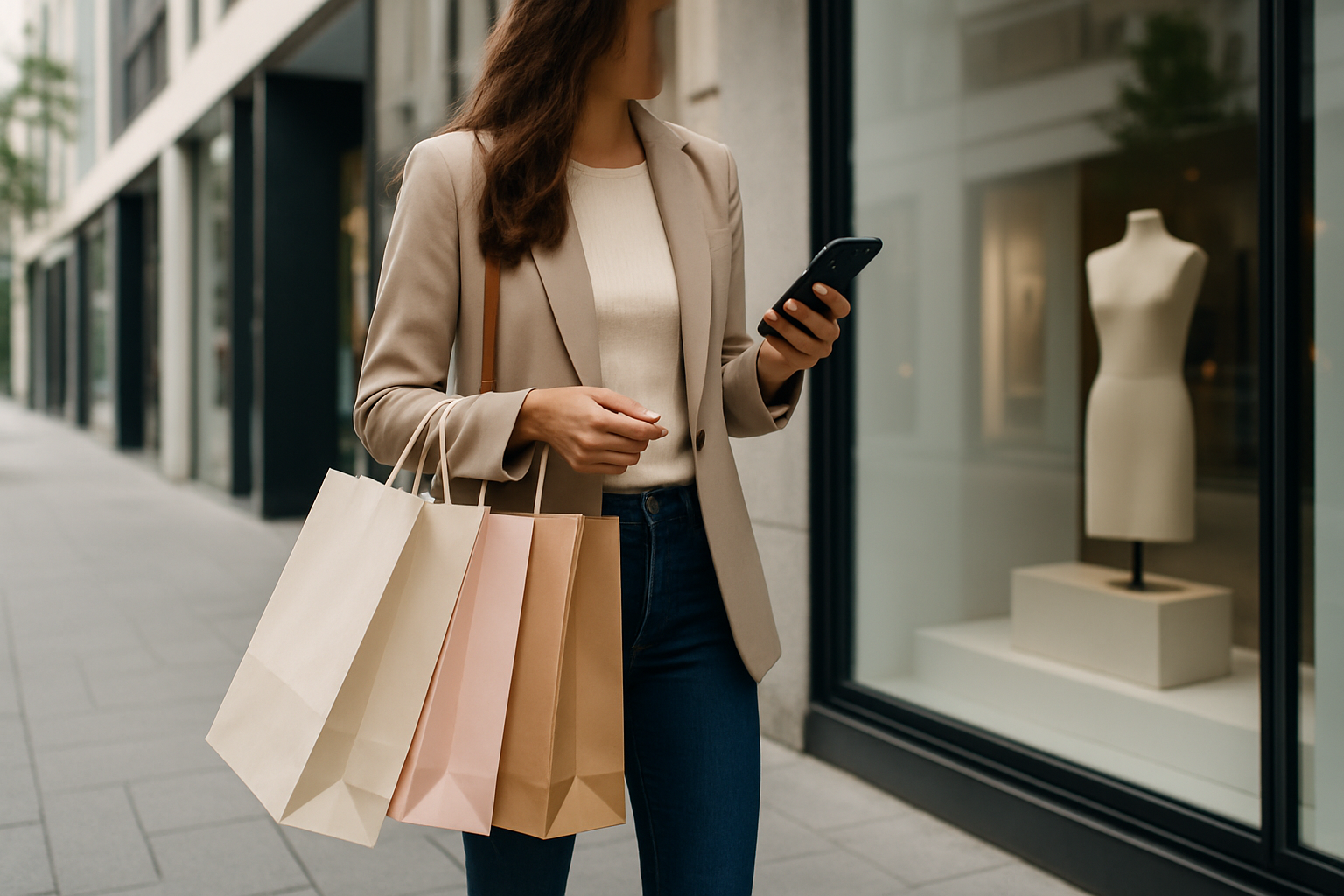 Donna che fa shopping in un contesto retail moderno usando lo smartphone