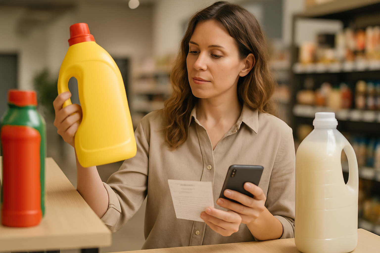Donna che confronta prezzi e formati per scegliere la soluzione più conveniente durante gli acquisti