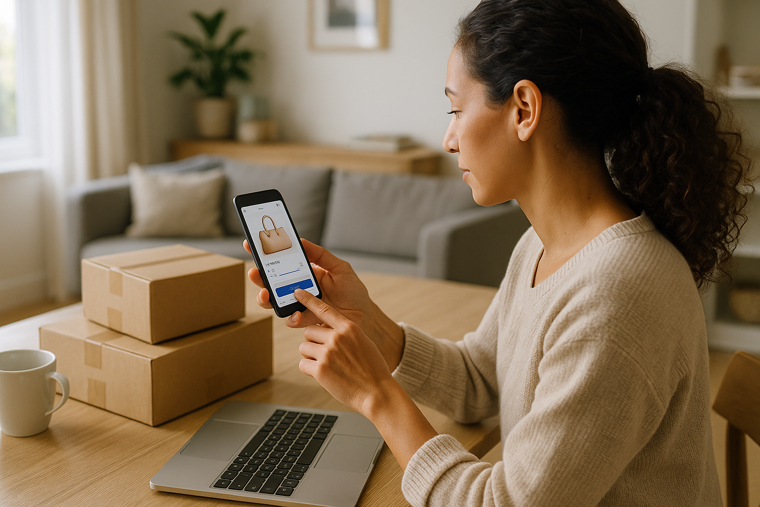 Donna che controlla ordine e consegna dallo smartphone durante lo shopping online